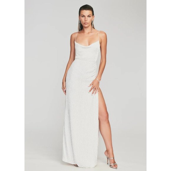 RETROFÉTE Katya Maxi Dress Gown in Moonglow White Sequin Bridal Evening sz L - Picture 4 of 11